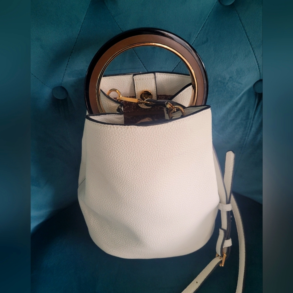 white certified vegan white bucket handbag, purse, bag